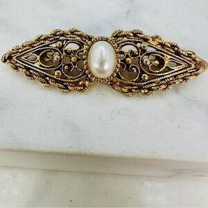 Vintage Filigree Bar Brooch Pin Cabochon Faux Pearl Gold Tone Romantic Dainty